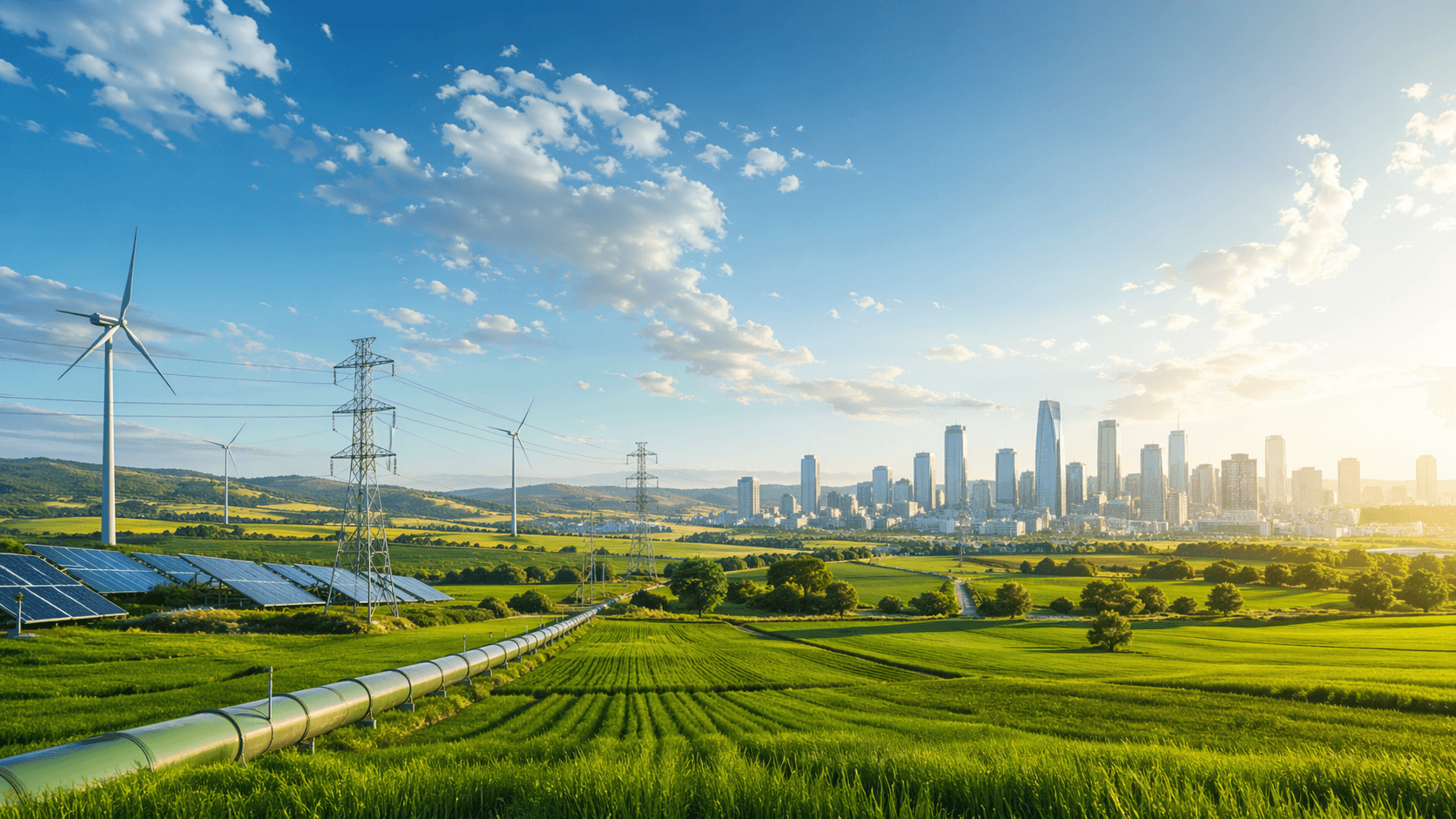 Wind turbines, solar panels, transmission towers and a city skyline over open fields.